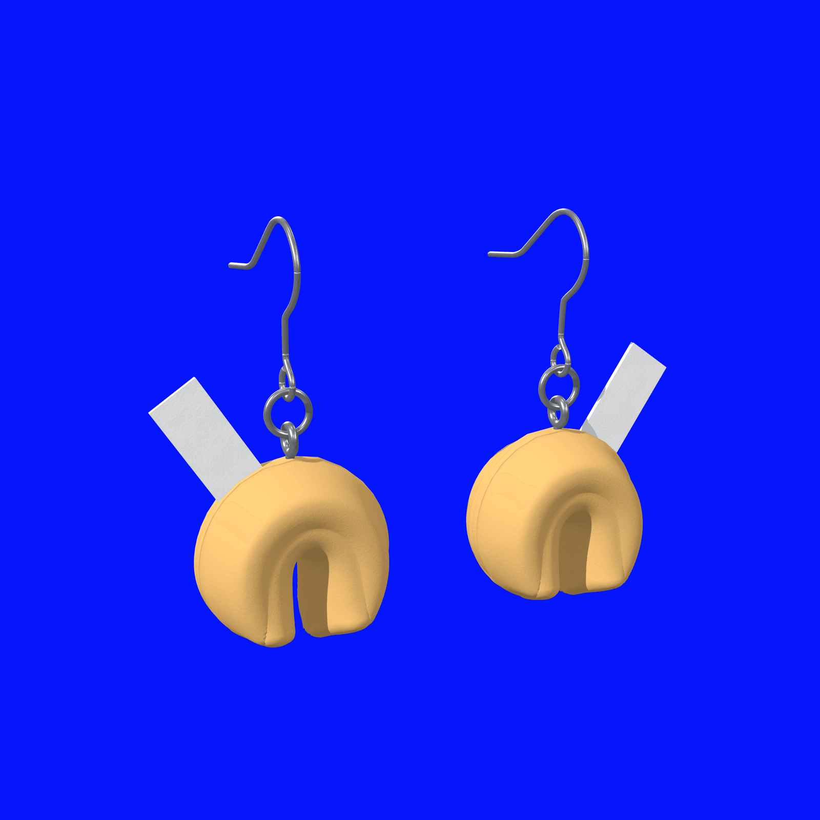 A mirrored pair of 40 mm polymer clay fortune cookie earrings on fishhook ear wires, each with a short white strip on the outer side.