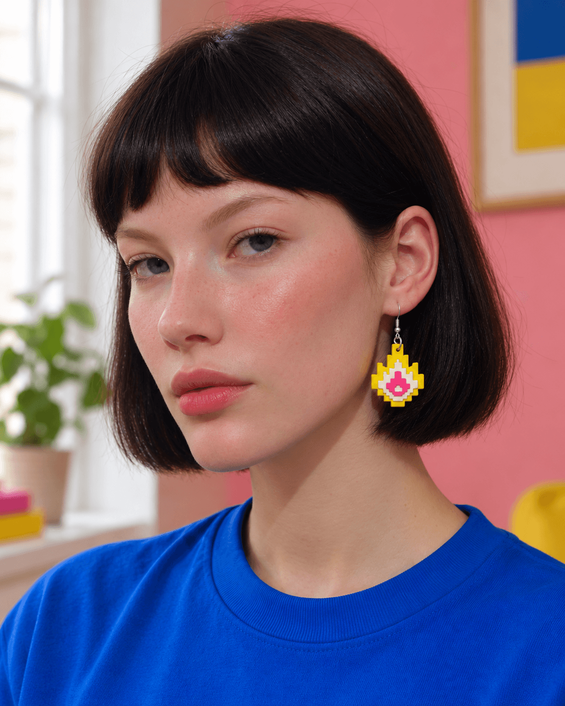 A yellow, white and magenta layered Pixel Flame drop earring being worn on a silver ear wire.