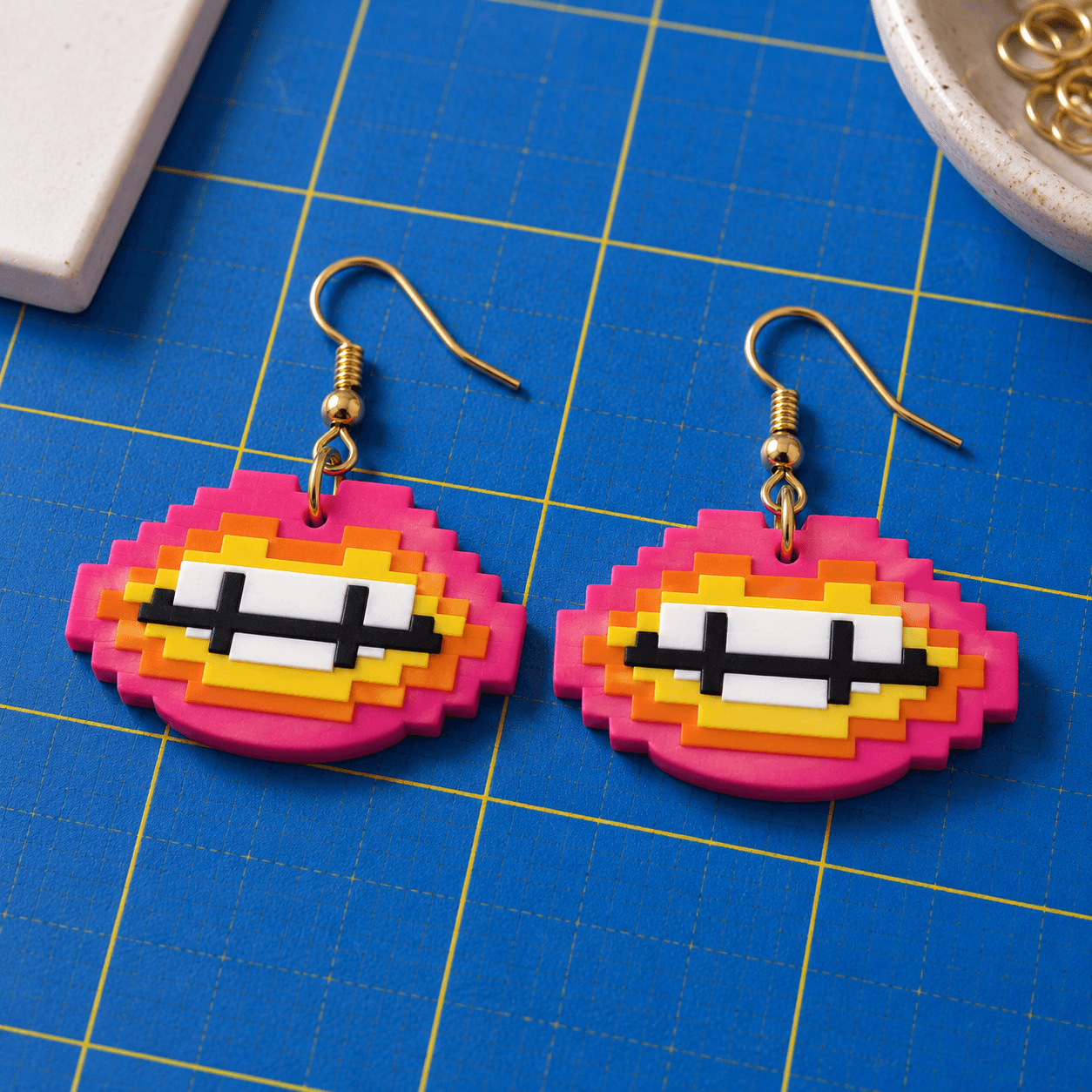 The full five-layer 44 mm Pixel Lips drop pair on ear wires. About 5.3 g per earring with findings; weigh your pair.