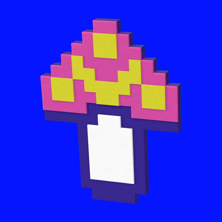 40 mm layered mushroom: purple base, pink cap and white stem, then yellow details.
