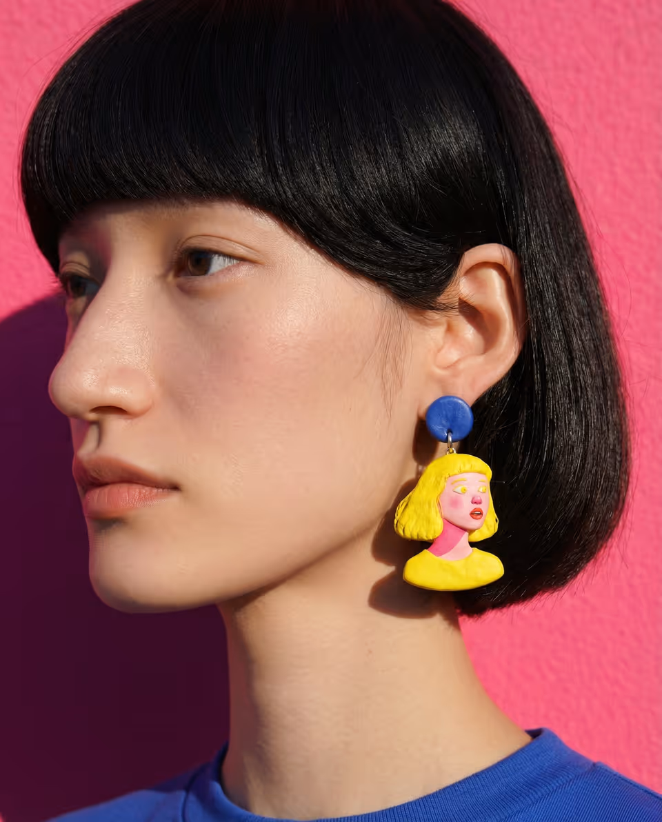 Pop art polymer clay portrait earrings worn on a model