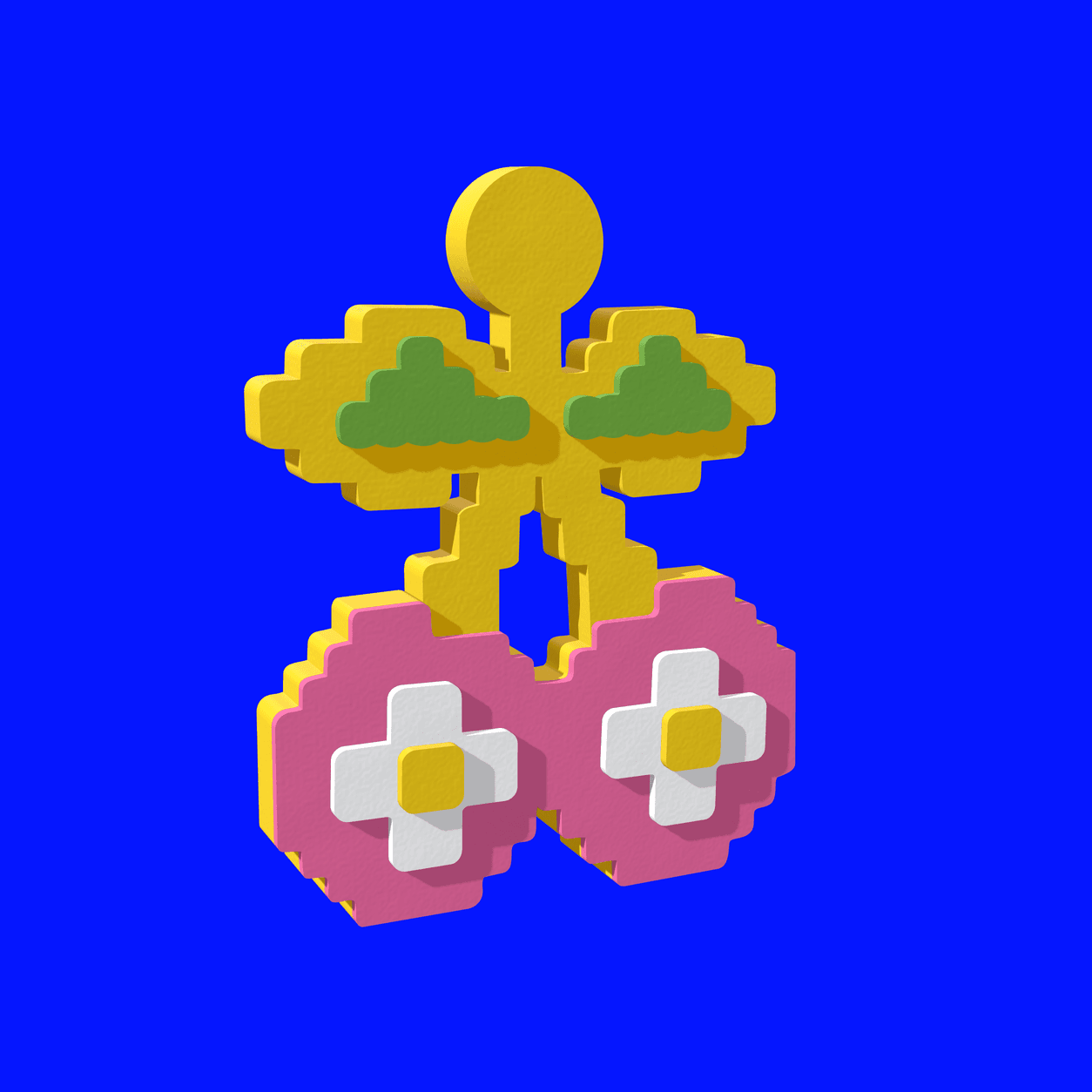 The layered cherry has separate raised fruit, leaves, flowers and square centres.