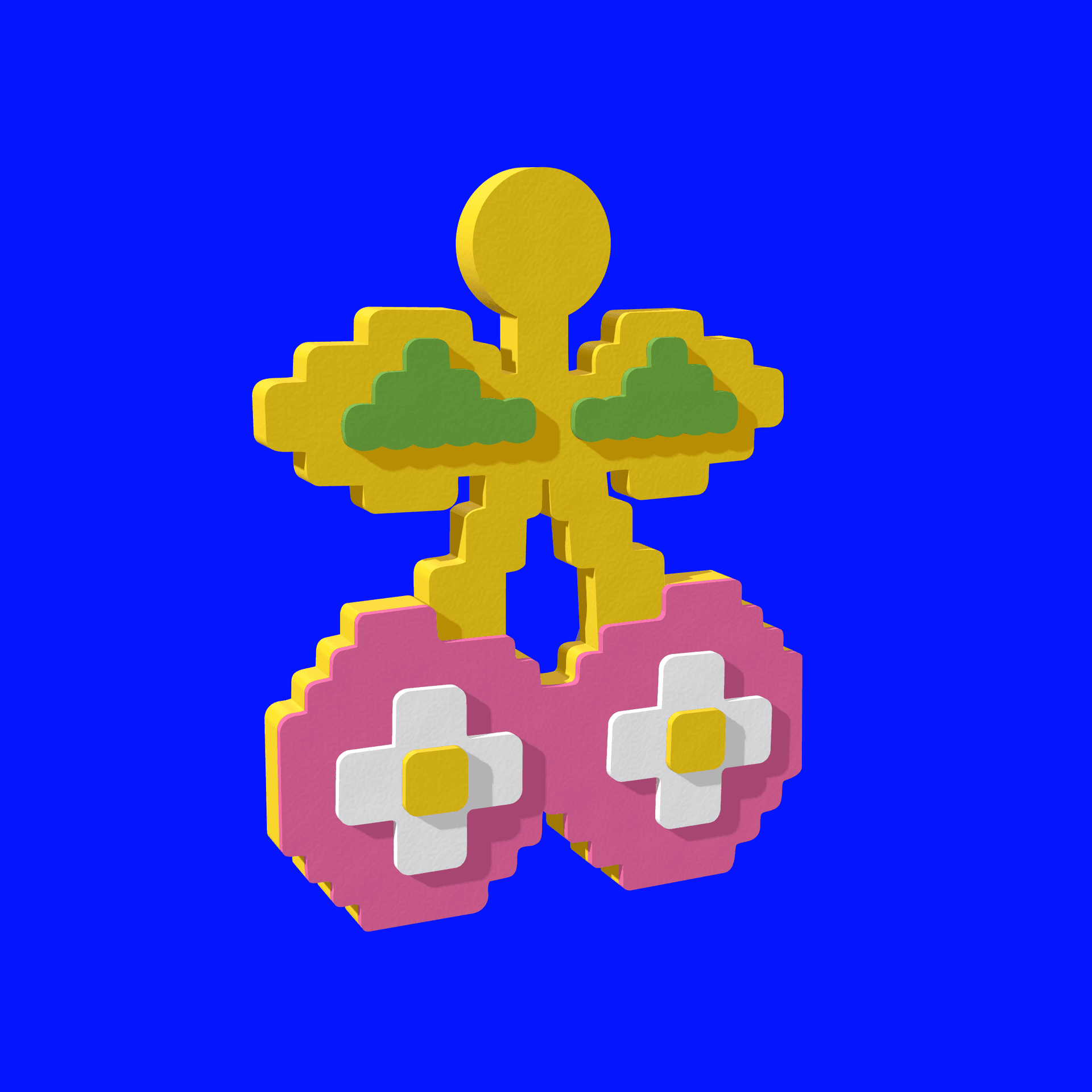 The layered cherry has separate raised fruit, leaves, flowers and square centres.