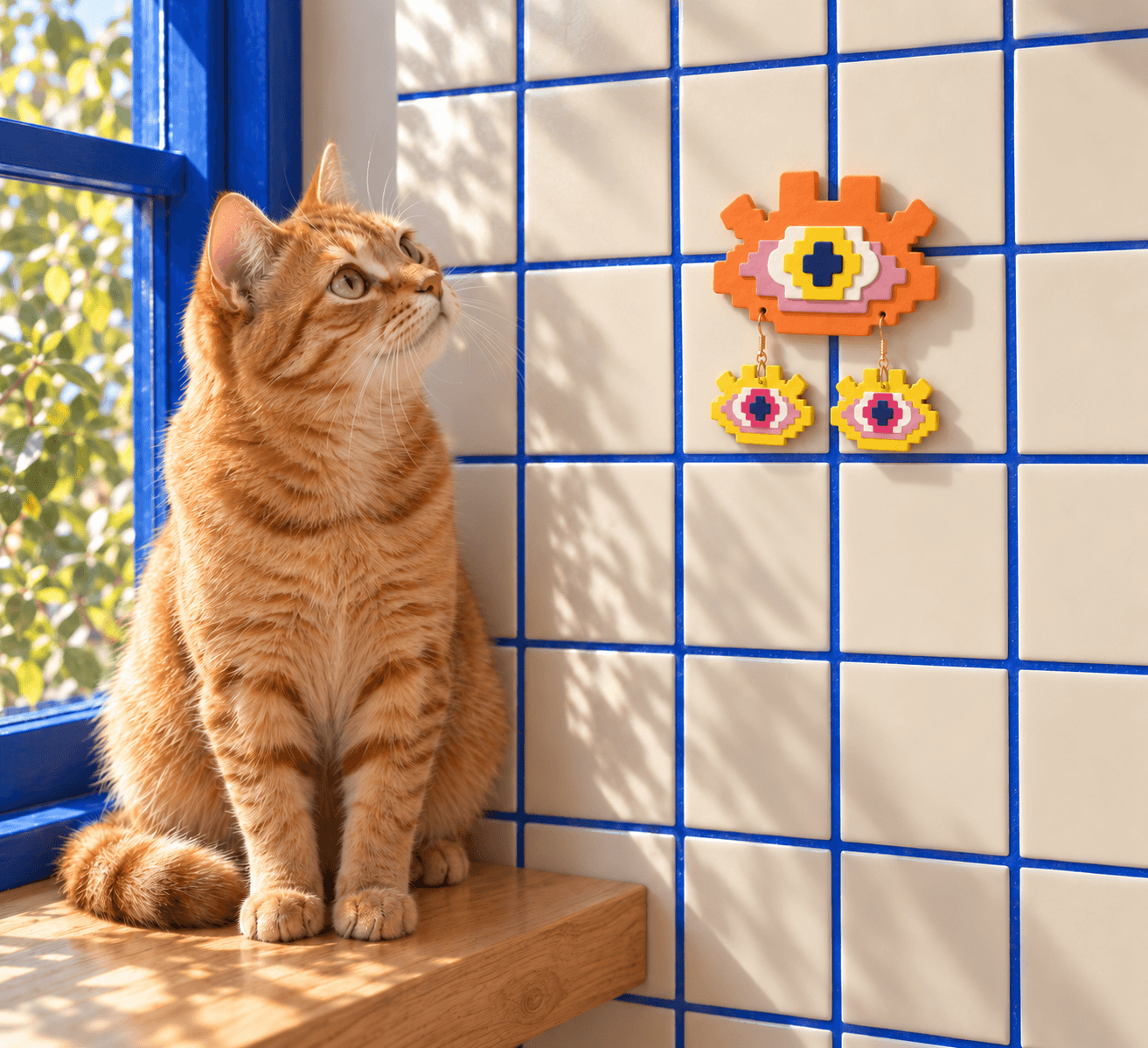Orange Pixel Eye wall display with matching drop earrings beside a ginger cat in the ClayBake tiled studio.