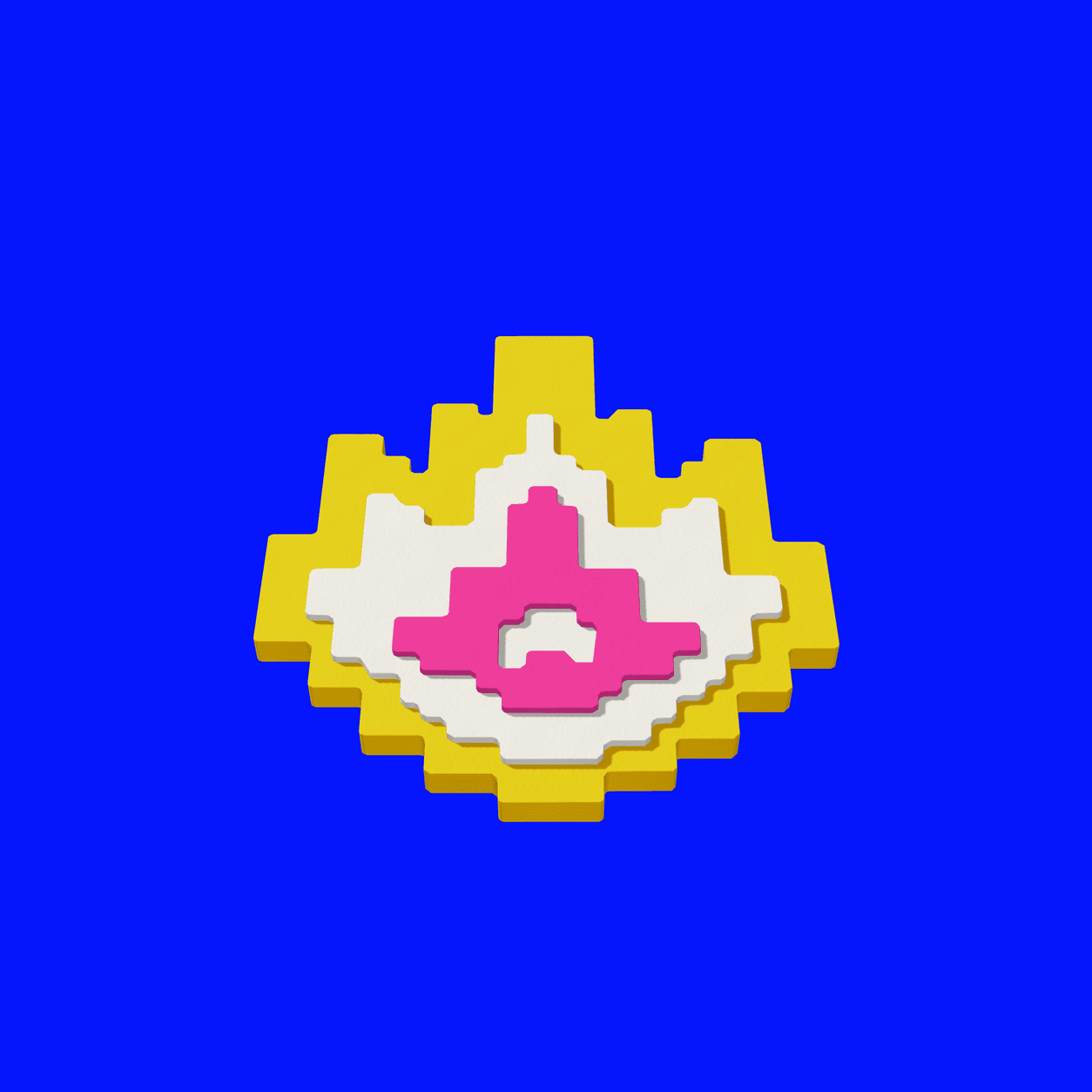 Yellow base, white field and windowed magenta core stacked into the layered flame.