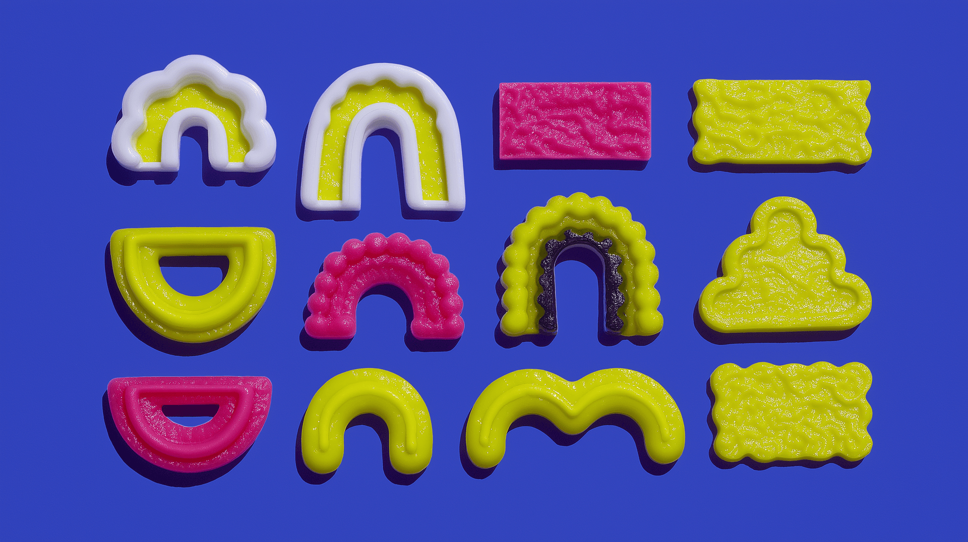 A collection of digital-preview polymer clay cutters in yellow, hot pink, and white on a cobalt background