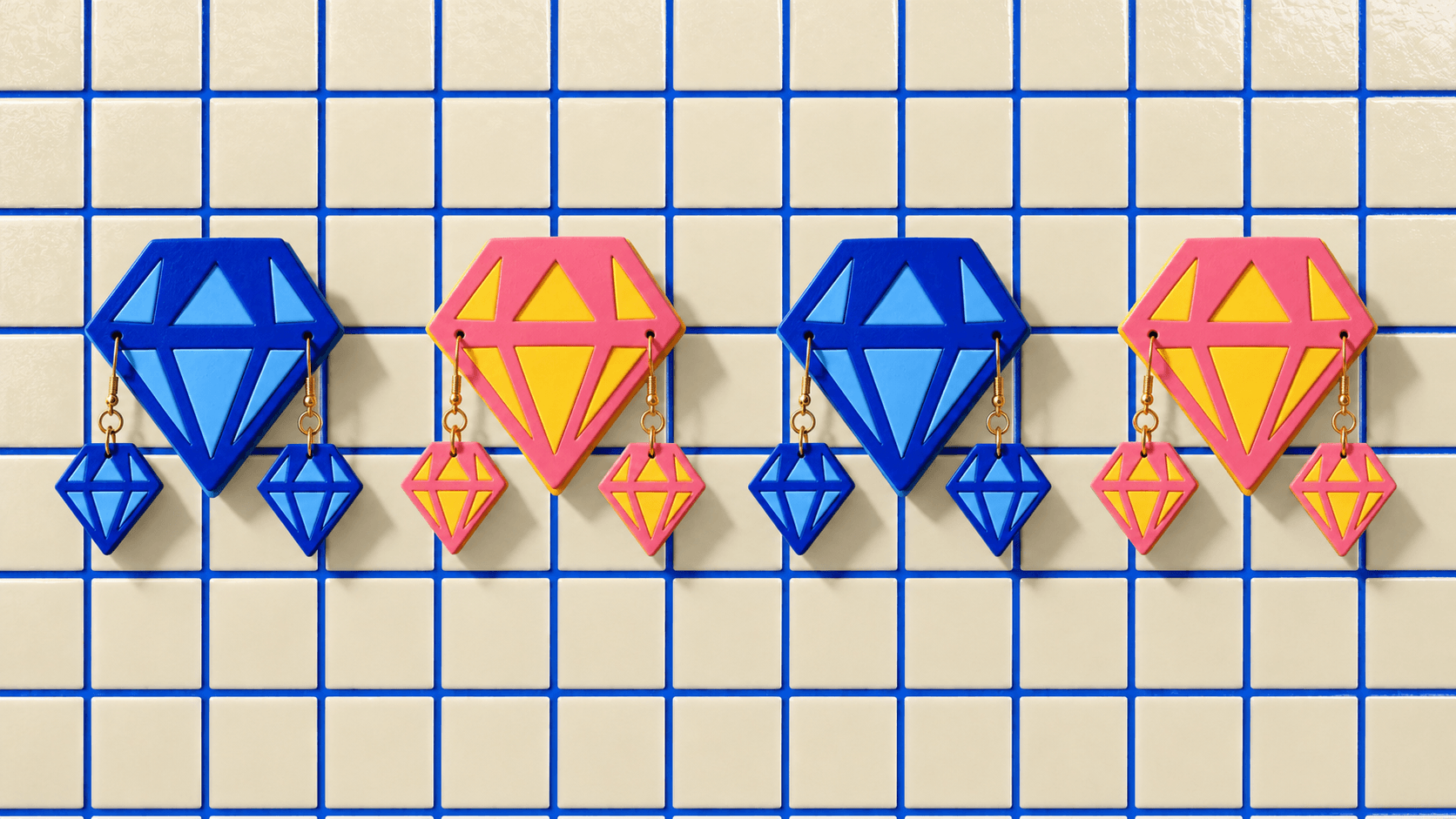 Four layered Gem wall displays with matching earrings in blue and pink-yellow. Extra copies shown for colour inspiration.