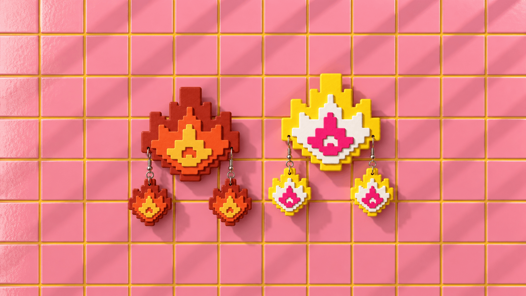 Two colour ideas for the wall display and matching earrings, styled on pink tiles.