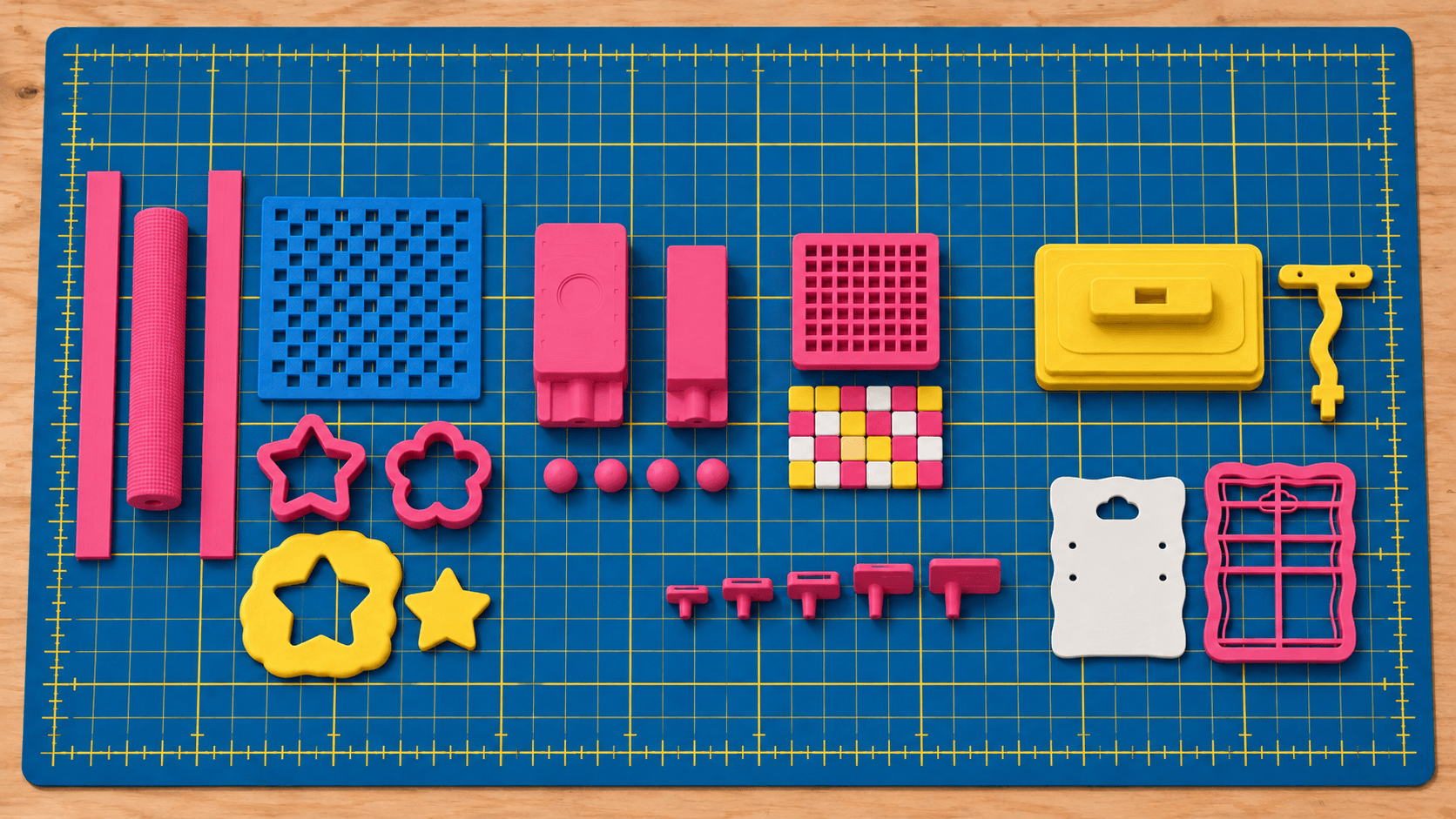 Pink polymer clay cutters, rollers and guides with blue stencils and yellow display parts arranged on a blue gridded mat.