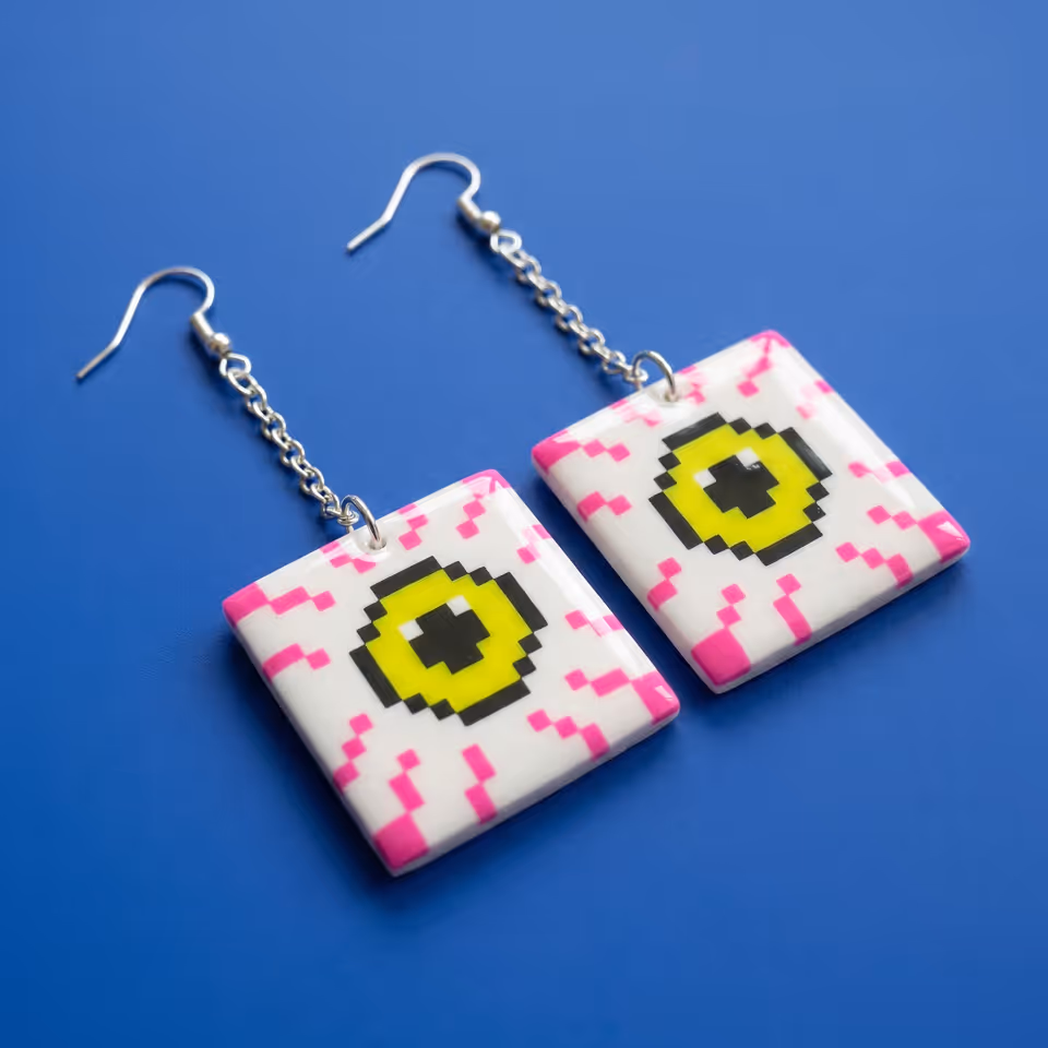 White Pixel Eyeball Tile Earrings