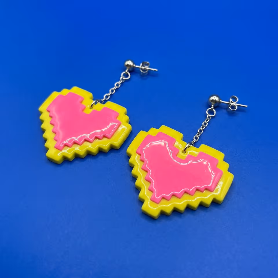 Pink and Yellow Pixel Heart Chain Earrings
