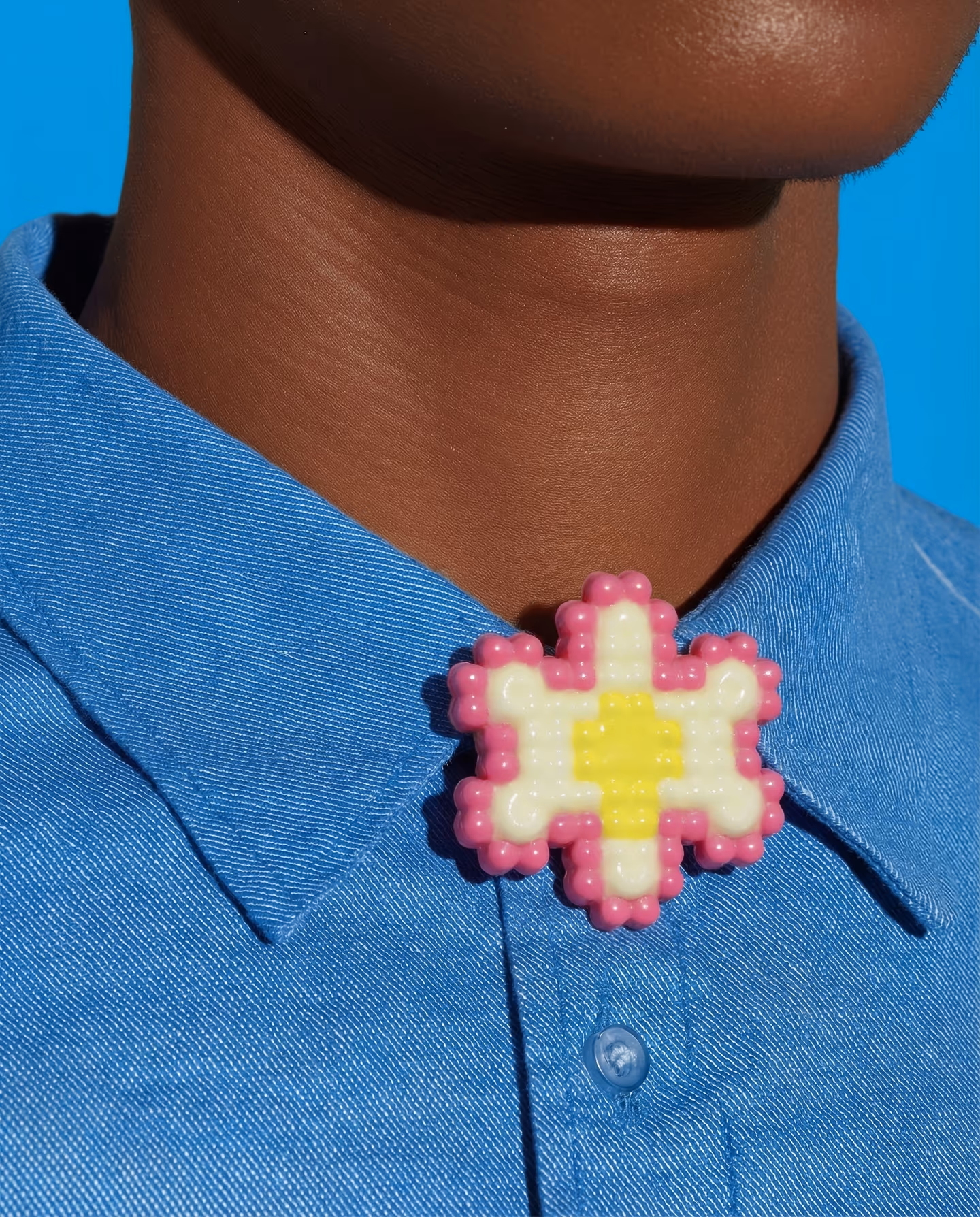Pink, Cream, and Yellow Bobble Pixel Flower Brooch in styled context. Start with a flat pixel-flower plaque and add the rounded pink and cream units on top, because the image pair…