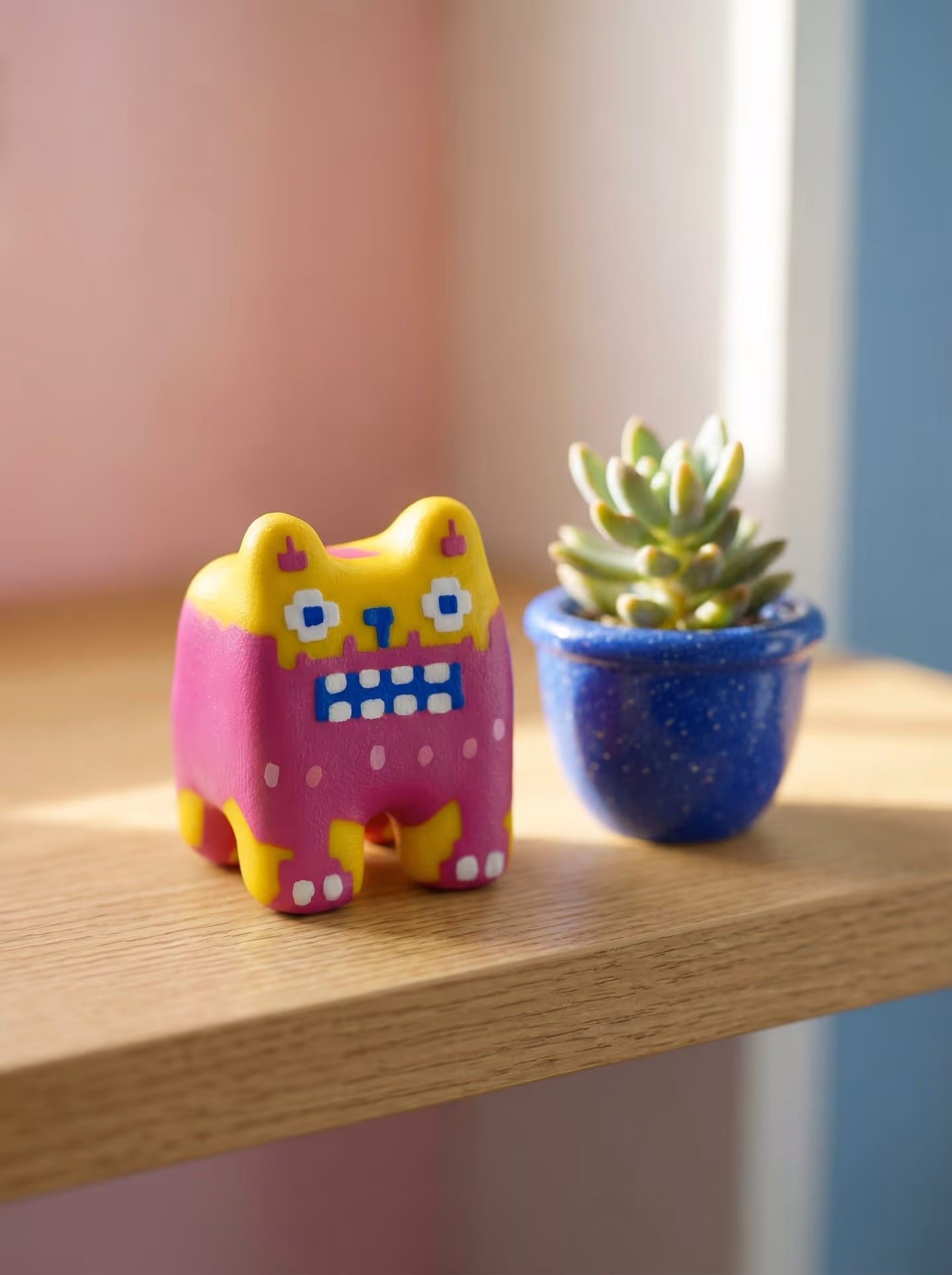 Pink and Yellow Chubby Pixel Cat Figurine in styled context. Build the cat as a rounded blocky body first, then add the stepped face, ears, paws, and accent blocks in clean second…