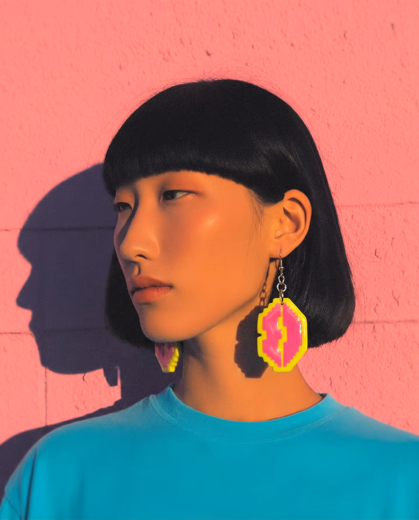 Pink and Yellow Pixel Lips Earrings in styled context. Start with one mirrored lip template and keep both plaques flat, because the images show graphic stepped lip shapes with a p…
