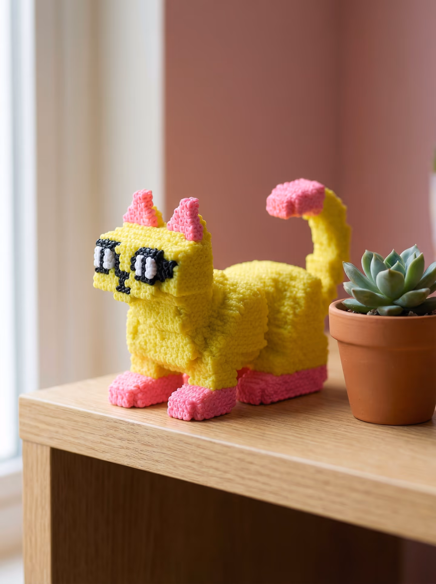 Yellow Fuzzy Textured Pixel Cat Figurine in styled context. Start with a blocky cat core built from square head, body, legs, and tail volumes, because the image pair keeps the sil…