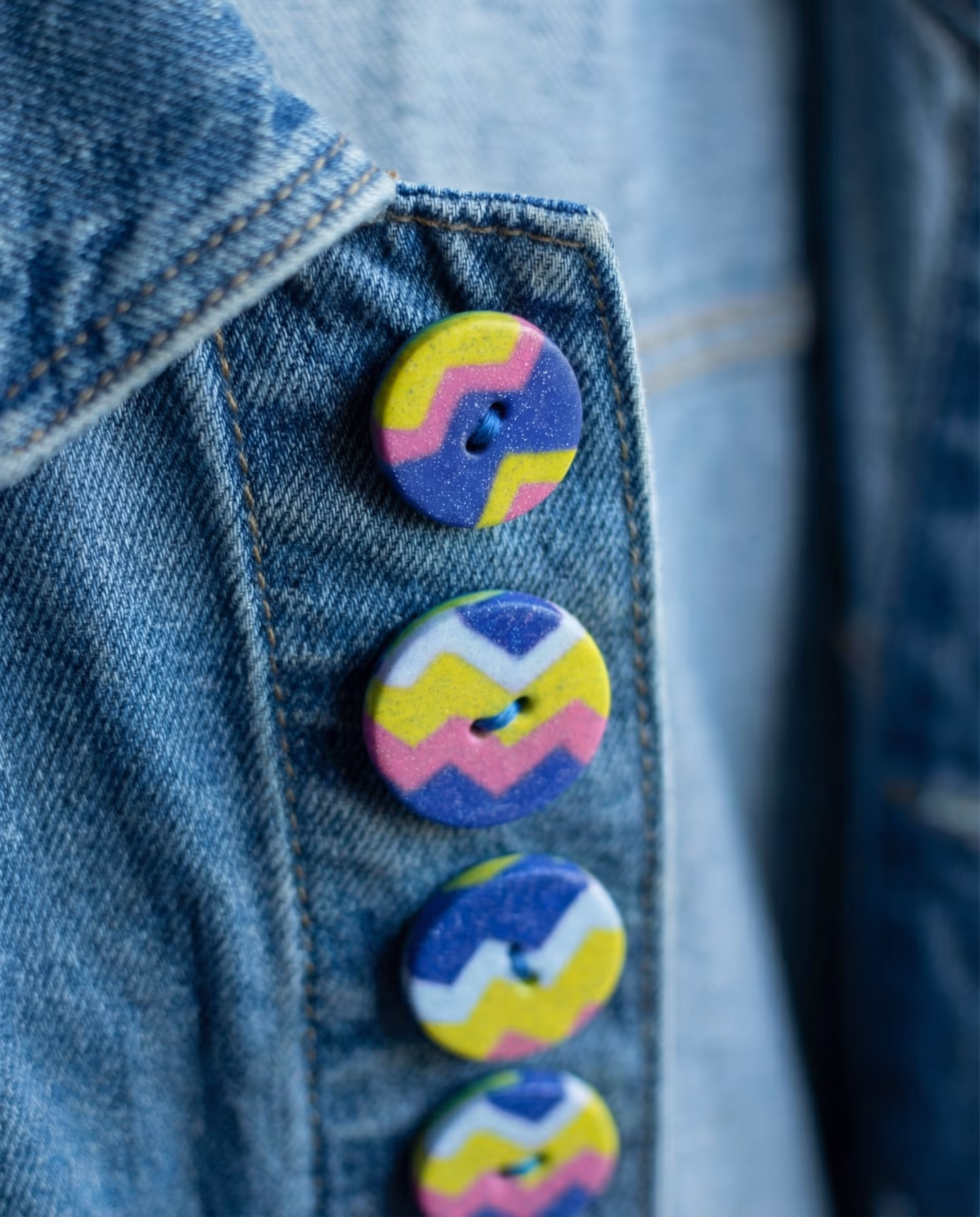 Cobalt, Pink, and Yellow Chevron Buttons in styled context. Start with one cobalt base sheet and cut the pink, yellow, and small white zigzag bands separately, because the image p…