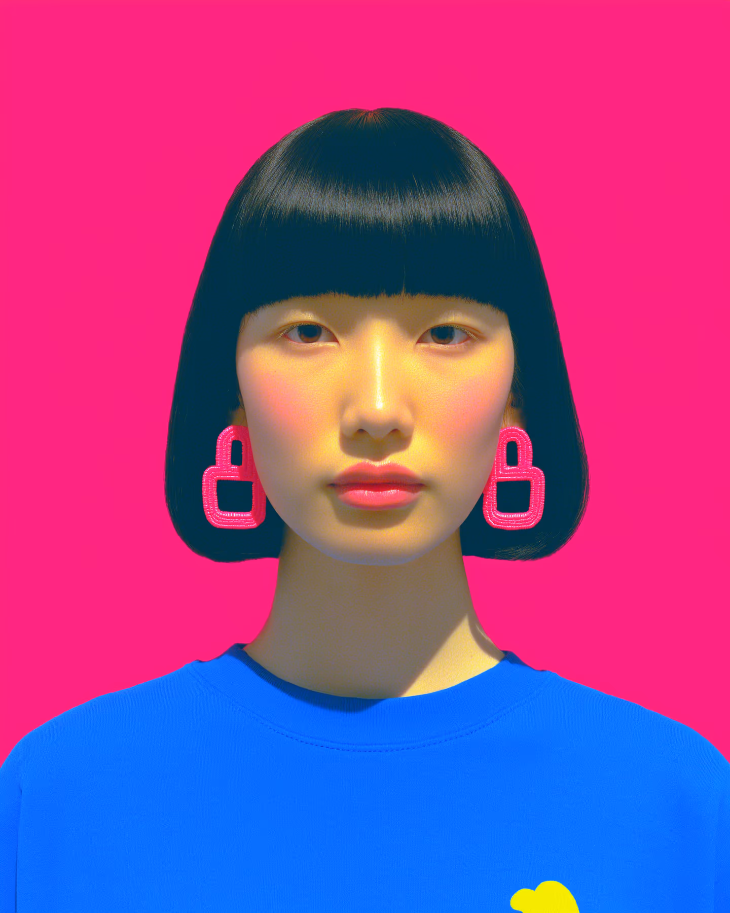 Hot Pink Linked Cutout Dangle Earrings in styled context. Build this as two interlocked open-frame links per earring with a pressed canvas texture across the entire surface, becau…