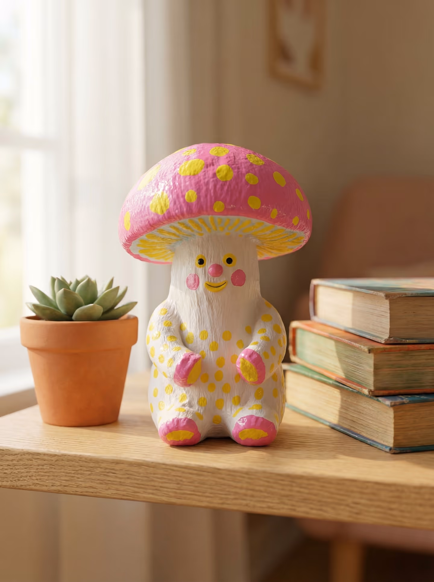 Pink and Yellow Spotted Mushroom Creature Figurine in styled context. Start with a standing stem-body, because the image pair shows the mushroom cap sitting on a separate upright…
