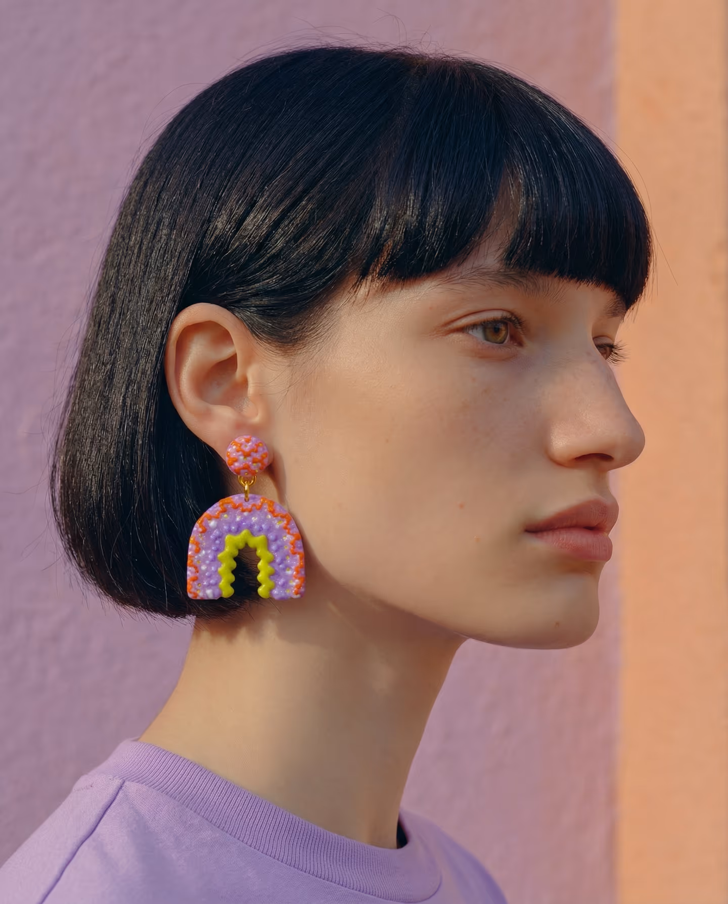 Lavender Textured Arch Drop Earrings in styled context. Start with flat lavender arch blanks and matching round toppers, because the pair reads as textured slab earrings with rais…