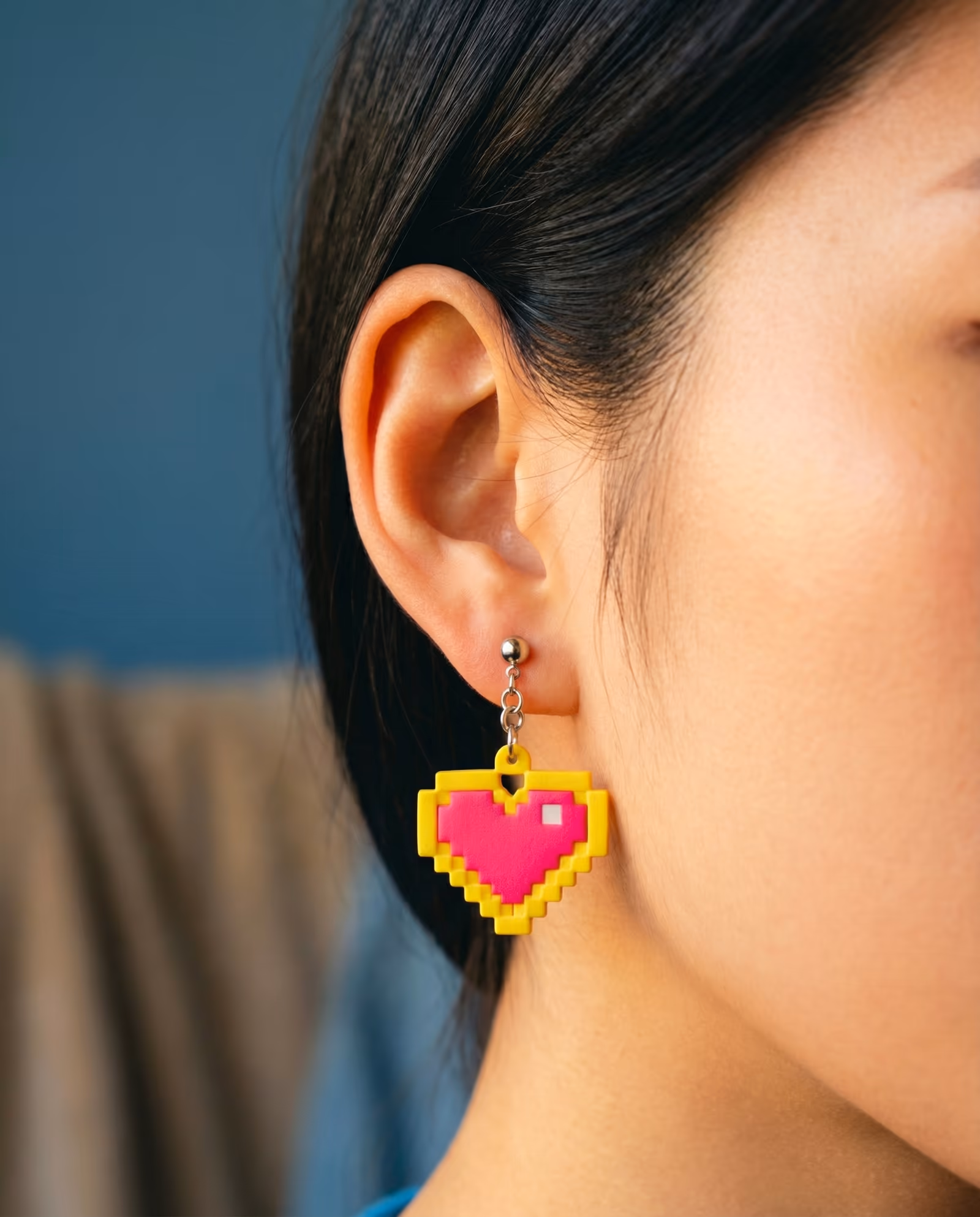 Hot Pink Pixel Heart Earrings in styled context. Cut the yellow heart border first and keep it as one flat slab, because the pair gets its punch from the crisp stepped outline and…