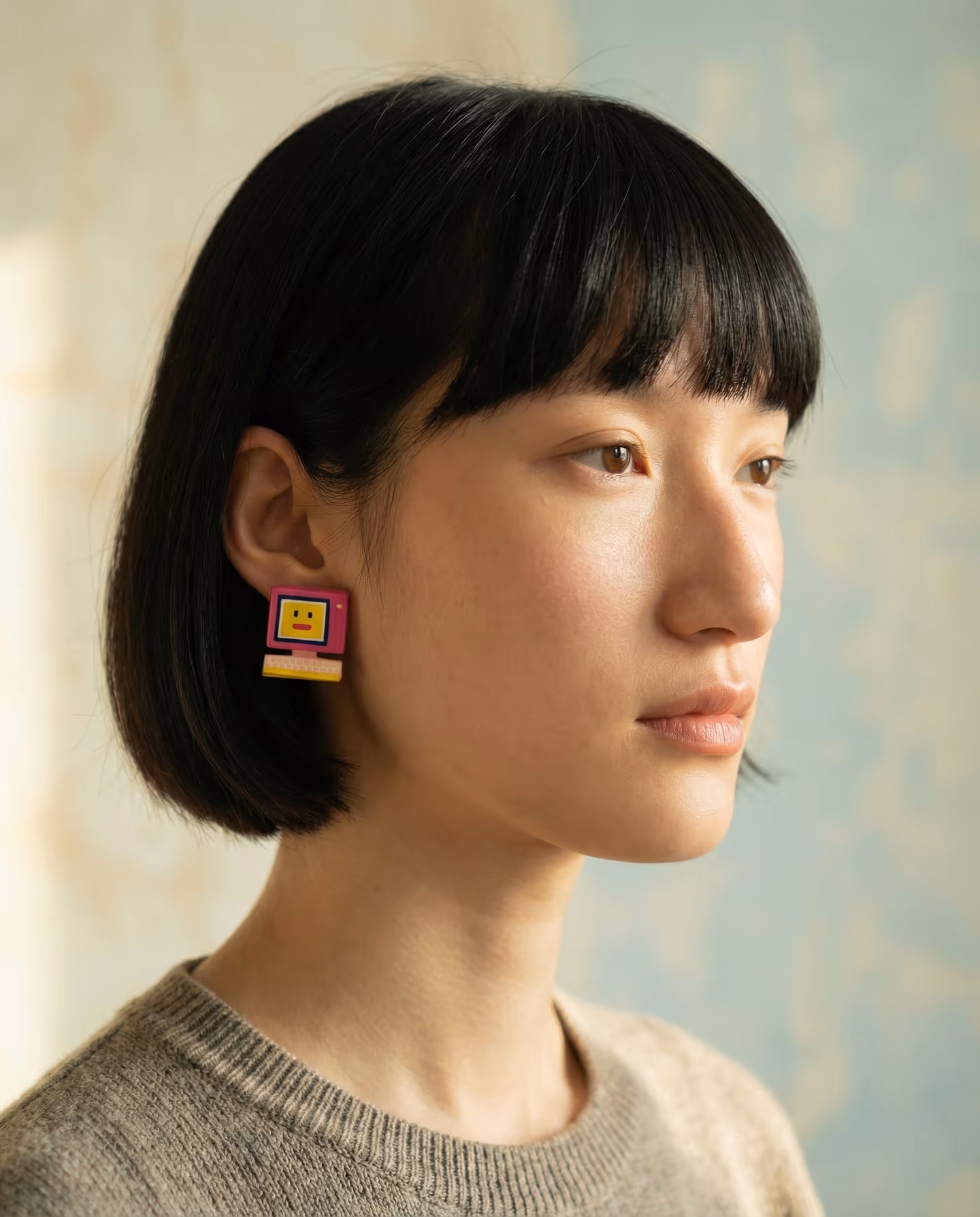 Mismatched Retro Computer Studs in styled context. Build these as flat layered computer plaques with separate screen, stand, and keyboard bars, not as chunky desk miniatures. The…