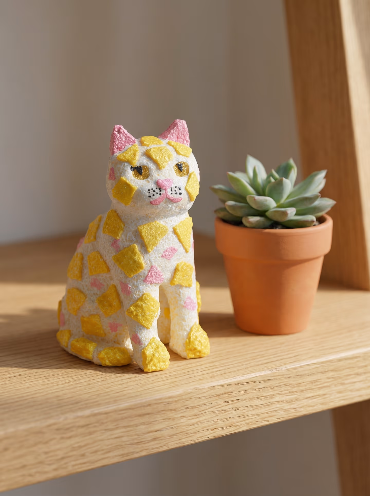 White Seated Terrazzo Cat Figurine in styled context. Build the cat as a stable seated sculpt first, check the base from the side and front, then add the terrazzo chips and face d…