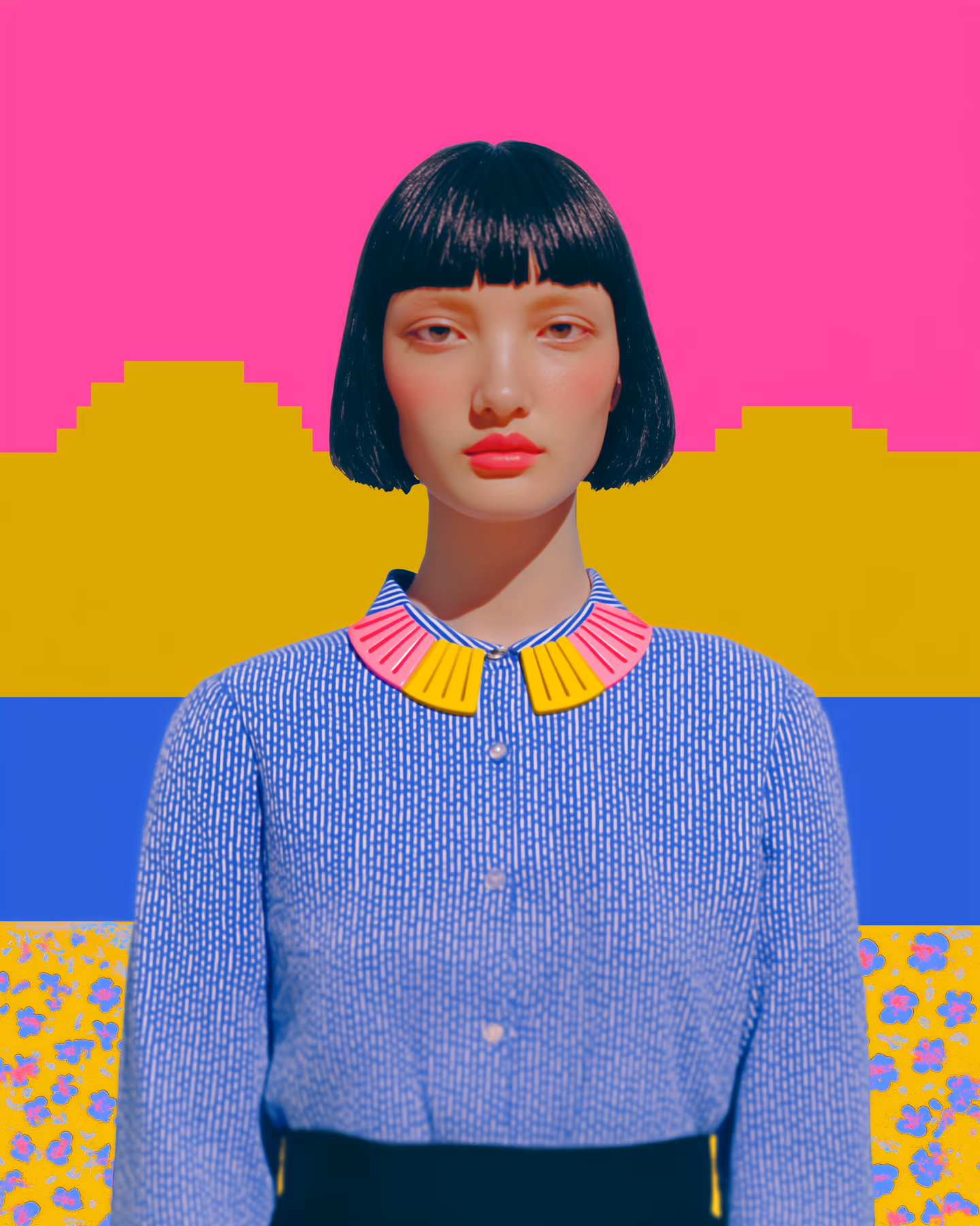 Pink and Yellow Segmented Sunray Collar Necklace in styled context. Build this as a structured collar necklace from two mirrored fan tabs (hot pink on the outside, acid yellow tow…