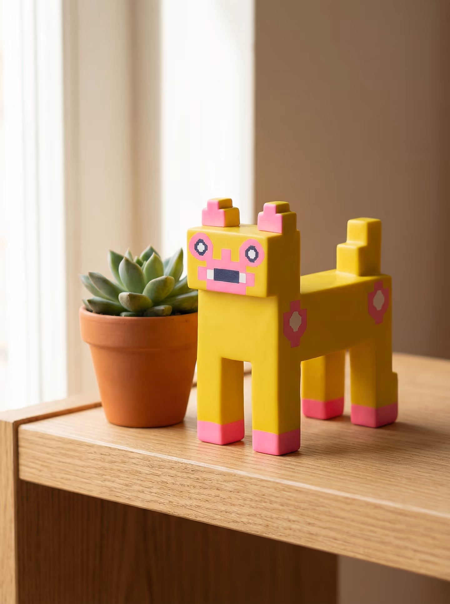 Yellow Standing Pixel Cat Figurine in styled context. Square up the body and legs first, then add the pink accents only after the stance is locked so the tall cat still reads as p…