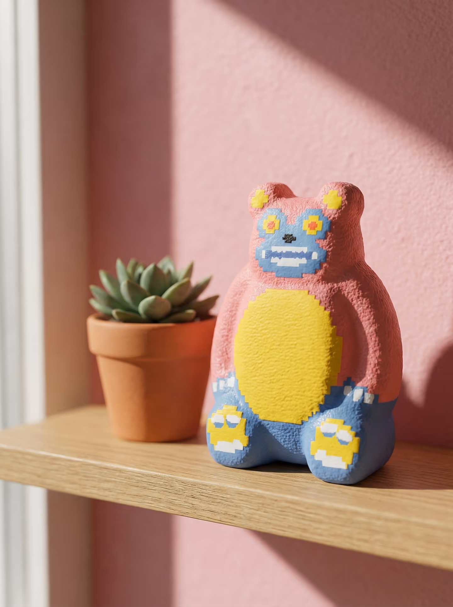 Pink Textured Pixel Bear Figurine in styled context. Start with a rounded seated bear sculpt, because the image pair shows one plush body mass with pressed surface texture and fla…