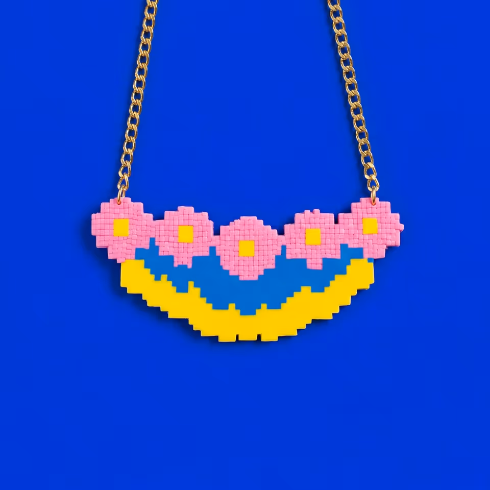 Pink Pixel Flower Bib Necklace