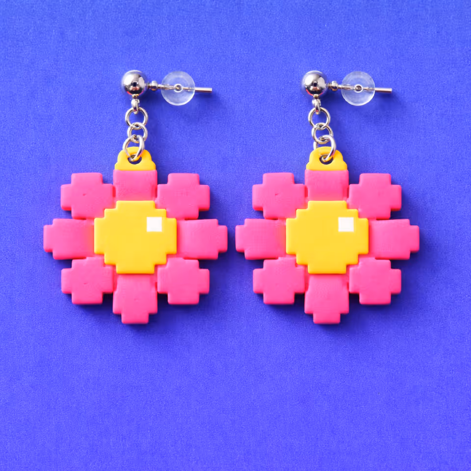 Hot Pink Pixel Flower Earrings