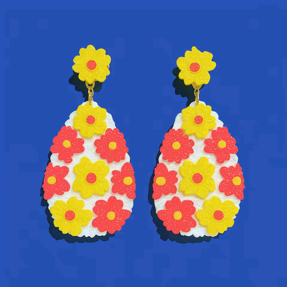 Yellow and Coral Flower Garden Teardrop Earrings