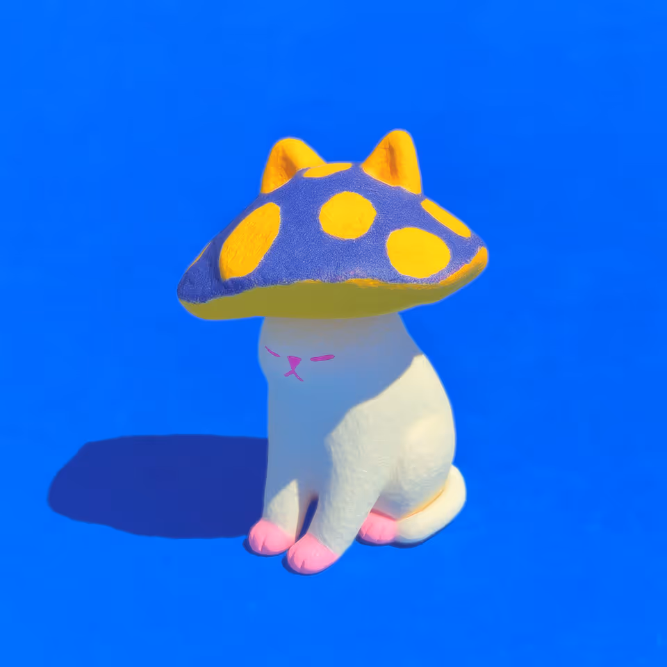Blue Spotted Mushroom Cap Cat Figurine