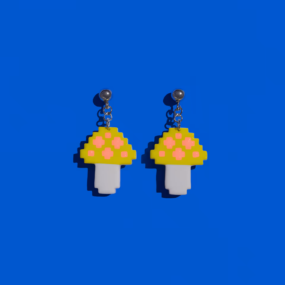 Yellow Pixel Mushroom Drop Earrings