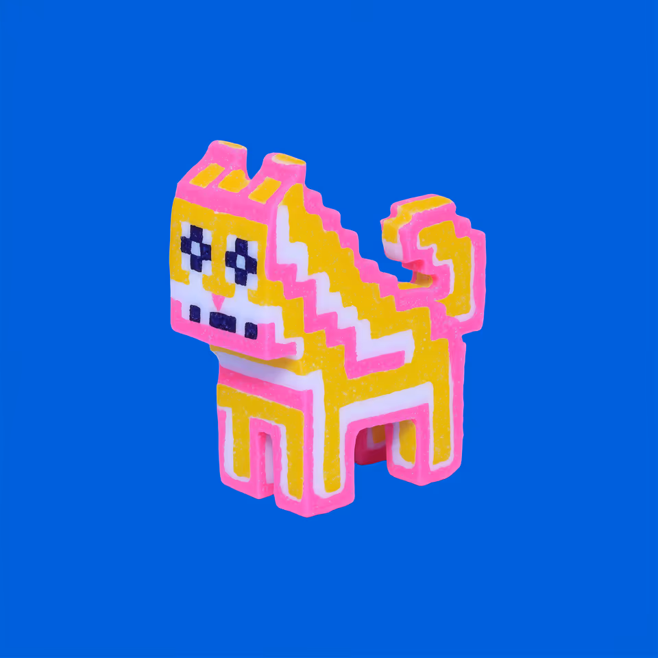 Yellow and Pink Zigzag Pixel Cat Figurine