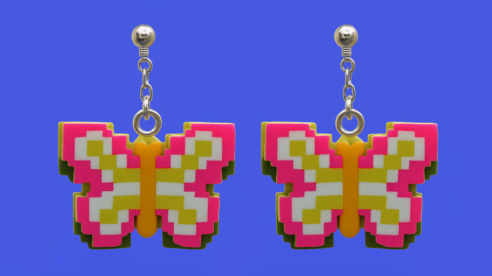 Magenta, Yellow, and White Pixel Butterfly Earrings