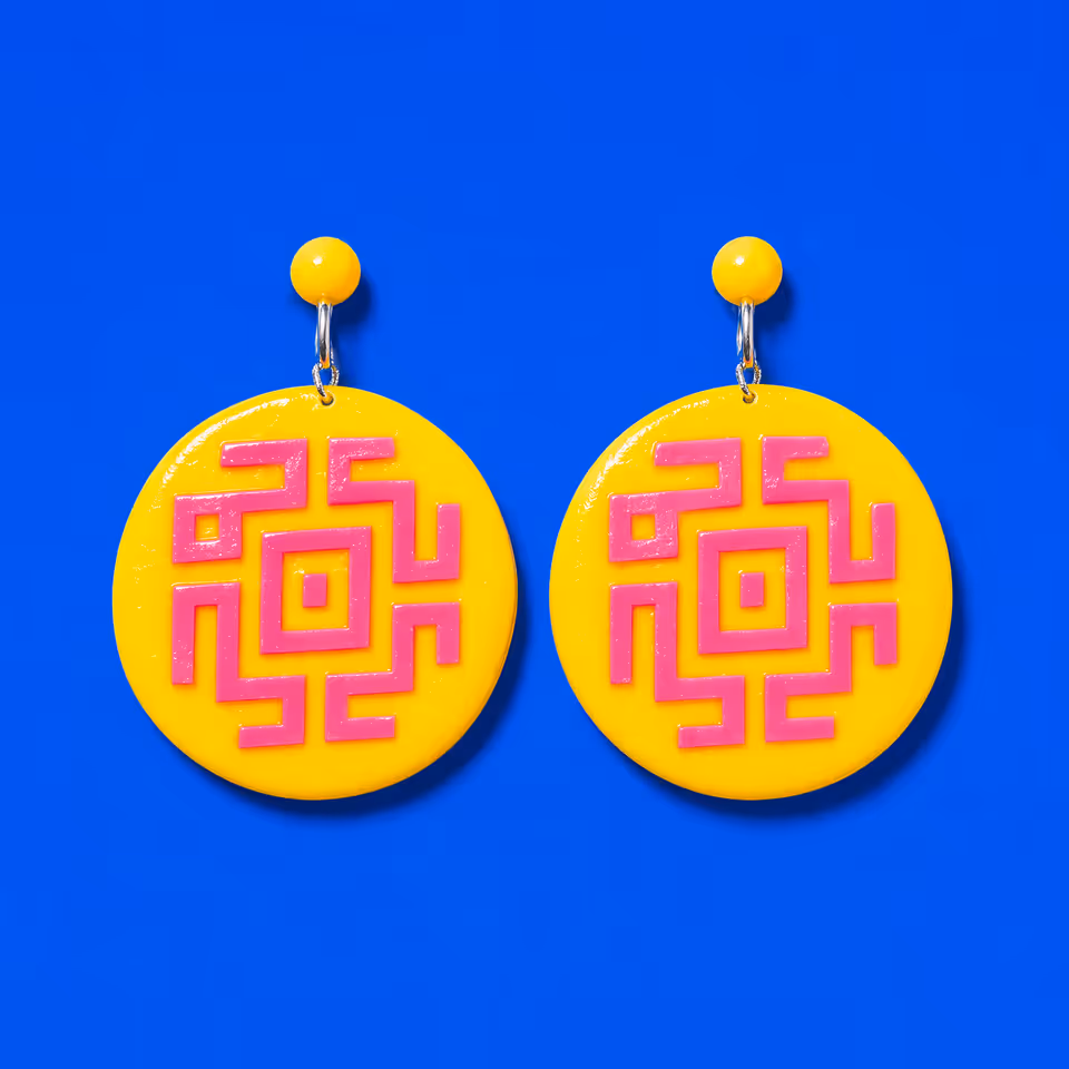 Yellow Maze Disc Drop Earrings