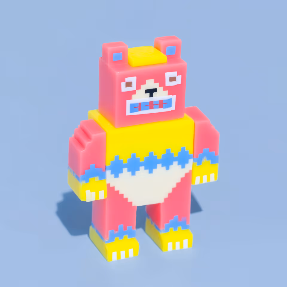 Pink and Yellow Pixel Bear Standing Figurine