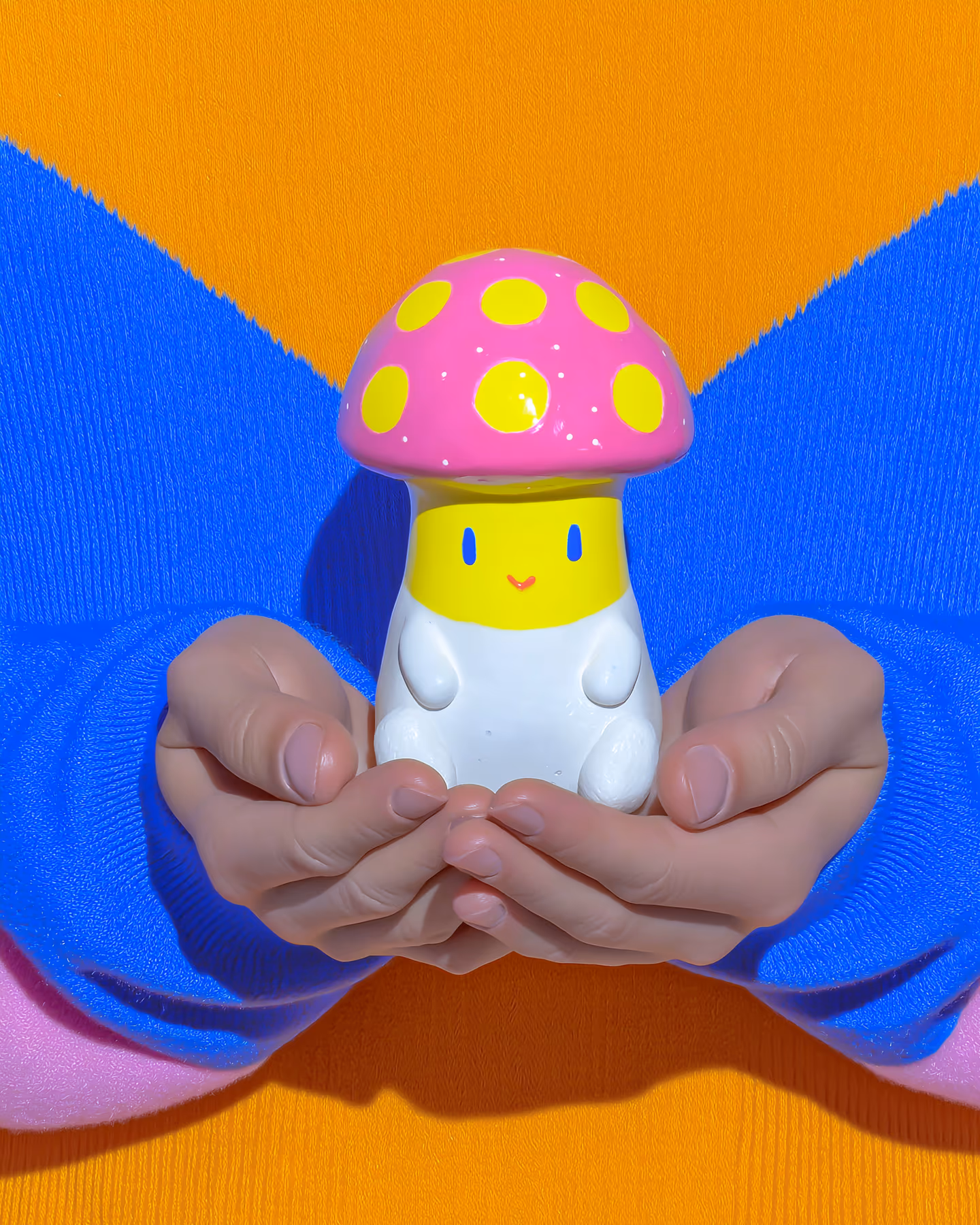 Pink Spotted Smooth-Cap Mushroom Figurine in styled context. Start with a white body and a separate pink cap, because the image pair reads like a clean toy-like mushroom sculpt wi…