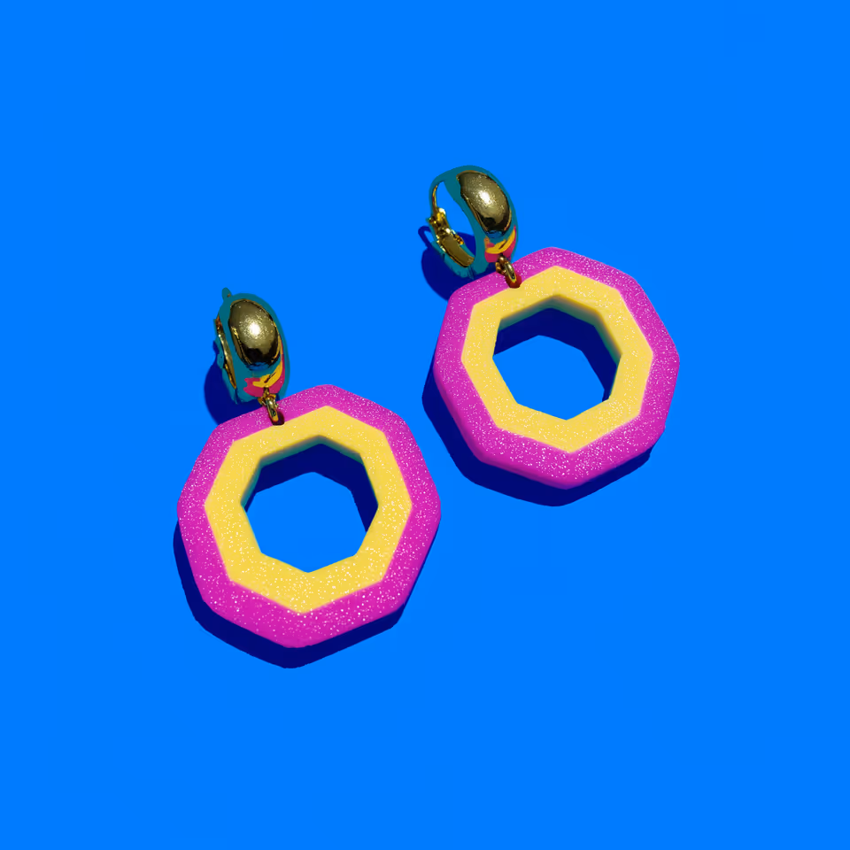 Pink and Yellow Glitter Open Octagon Earrings