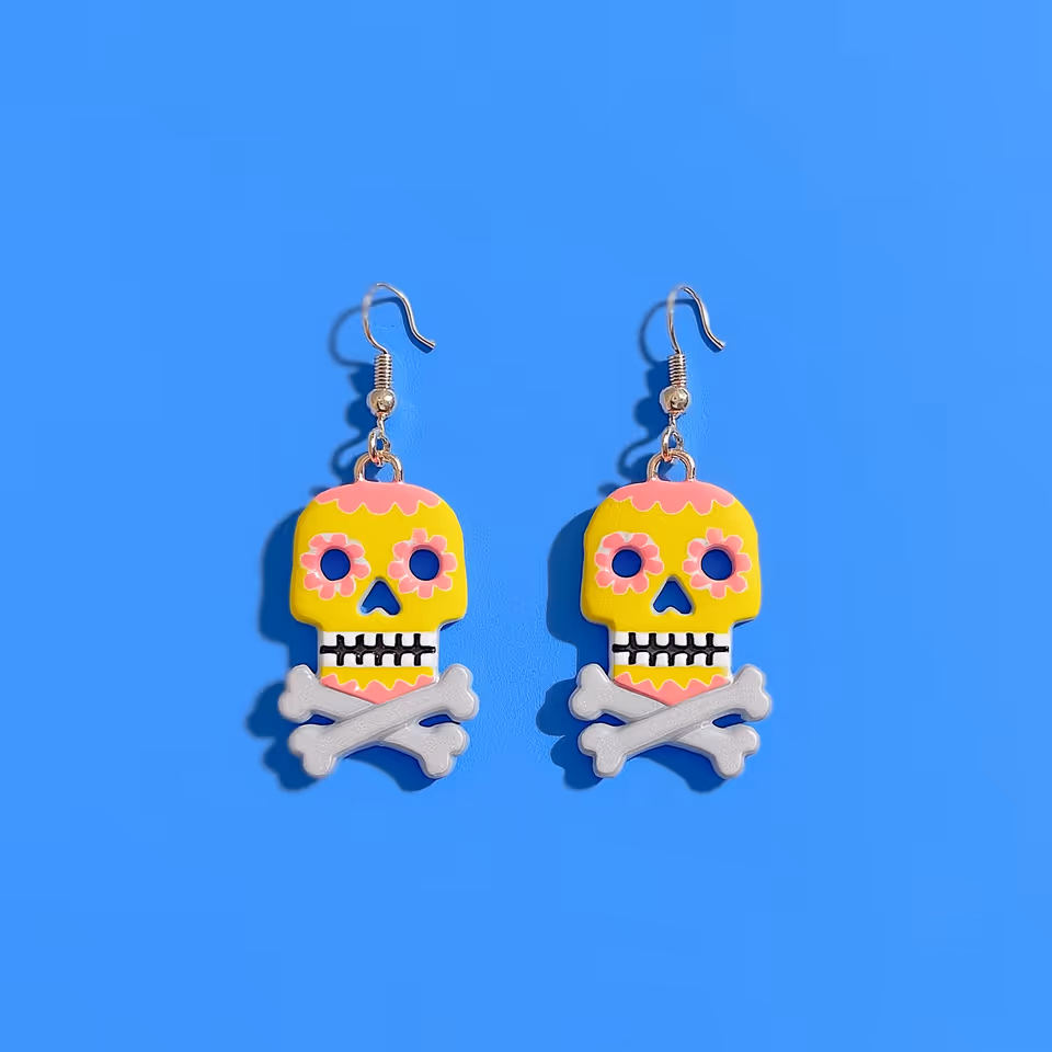 Yellow and Pink Sugar Skull Crossbones Earrings