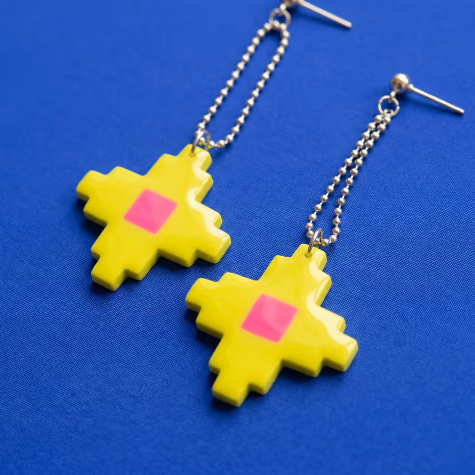 Yellow Pixel Cross Ball-Chain Drops