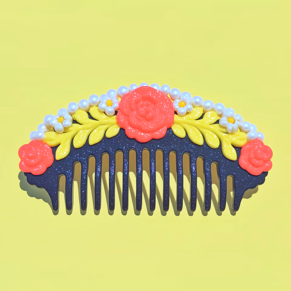 Navy Glitter Floral Hair Comb with Pearl Border